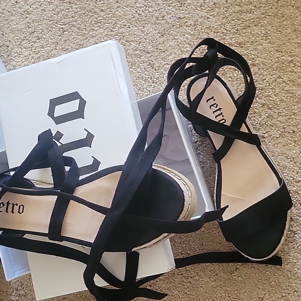 Black flat wedge wrapup sandals